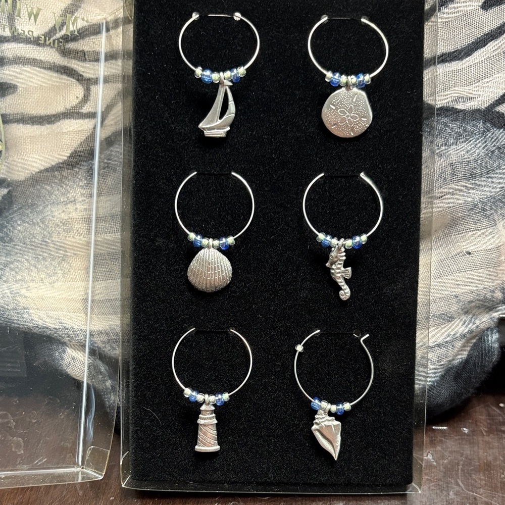 🖤Nautical Charm Wine Glass Rings Set - Silver🖤